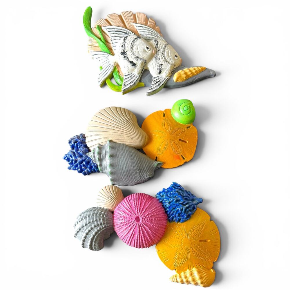 Vintage 1988 Burwood Products Angelfish Seashell Wall Plaque Set of 3 Coastal